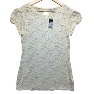 Express Lace Sheer Short Sleeve Keyhole Back Top Blouse M‎ NWT Cottage Boho